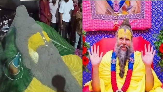 वृंदावन में सैंड आर्टिस्ट रूपेश ने संत प्रेमानंद महाराज की बनाई भव्य आकृति